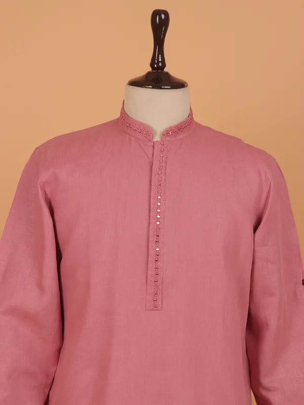 Onion pink festive wear cotton kurta set for men