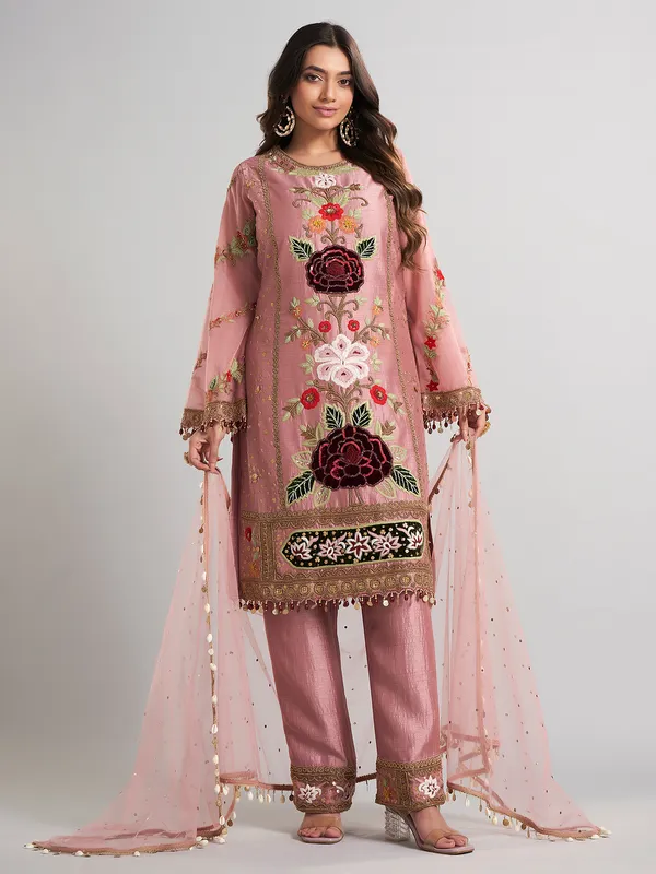 Onion pink festive wear pakistani silk salwar suit