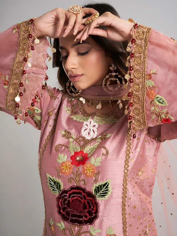Onion pink festive wear pakistani silk salwar suit