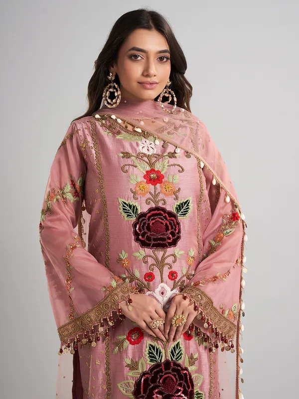 Onion pink festive wear pakistani silk salwar suit