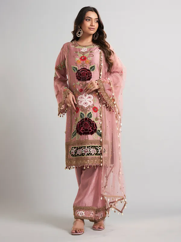 Onion pink festive wear pakistani silk salwar suit