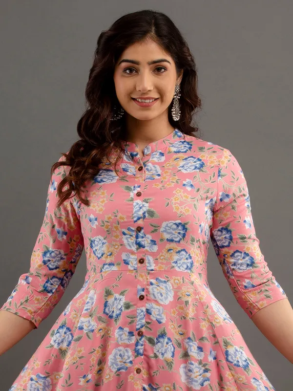 Onion pink floral printed cotton kurti