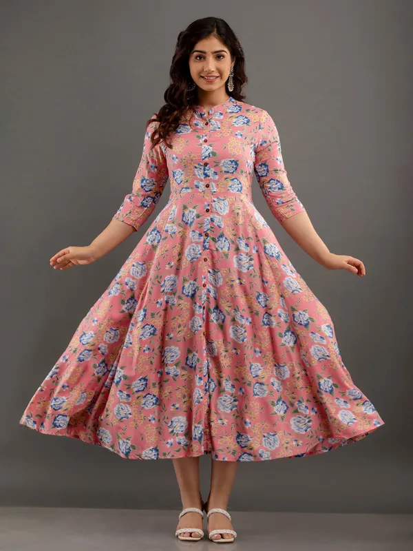 Onion pink floral printed cotton kurti