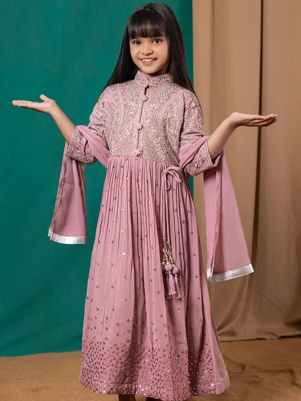 Onion pink georgette anarkali suit for girls