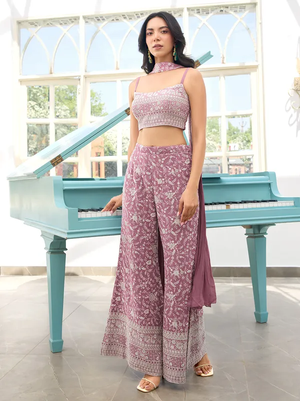 Onion pink georgette jacket style palazzo suit