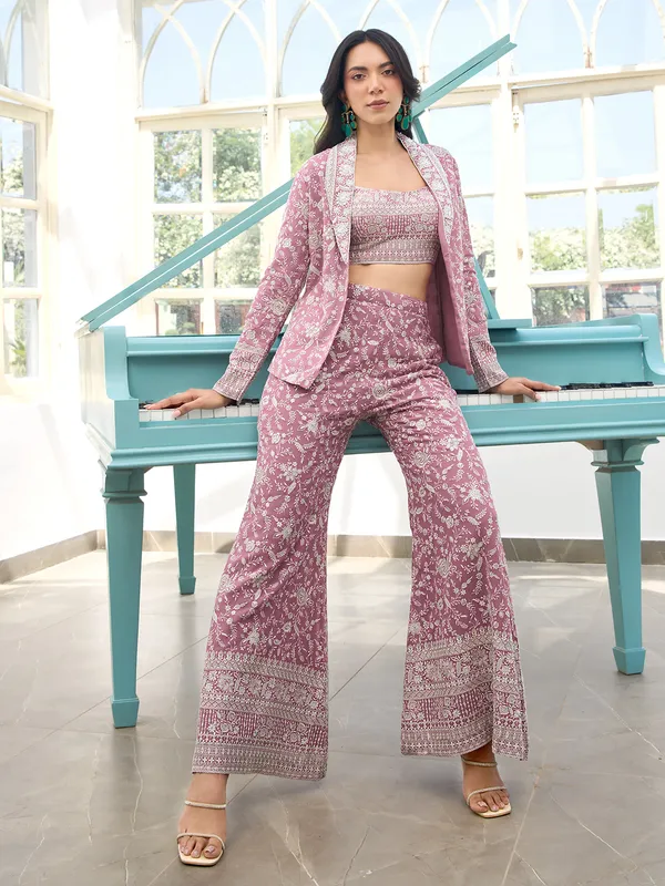 Onion pink georgette jacket style palazzo suit