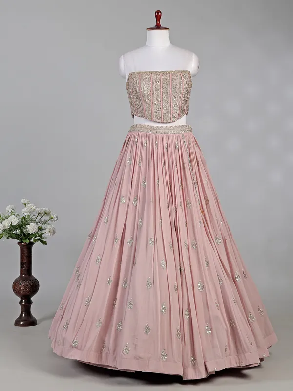 Onion pink georgette lehenga choli with cutdana work