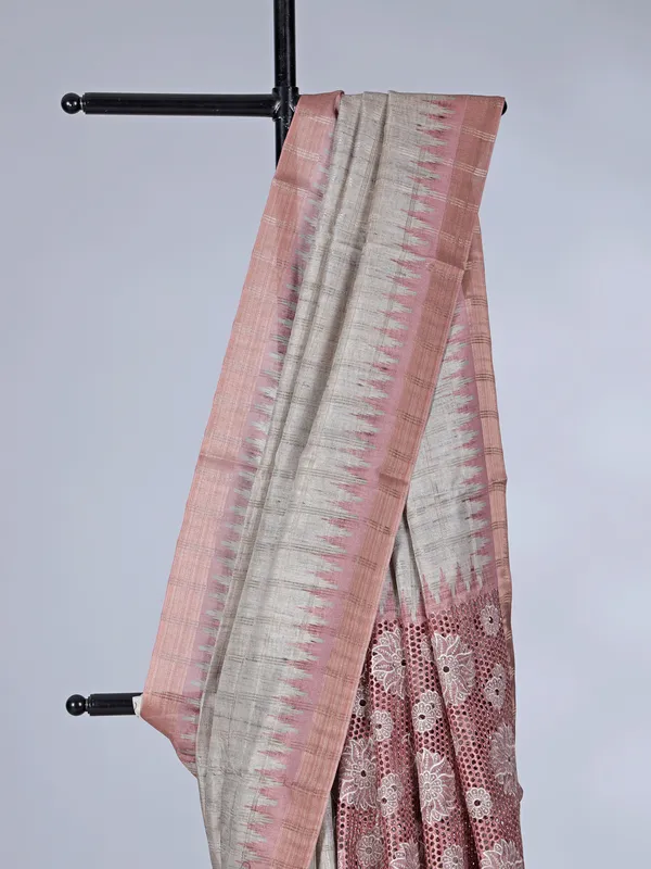 Onion pink grey semi silk saree with cutwork elegance