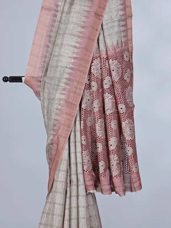 Onion pink grey semi silk saree with cutwork elegance