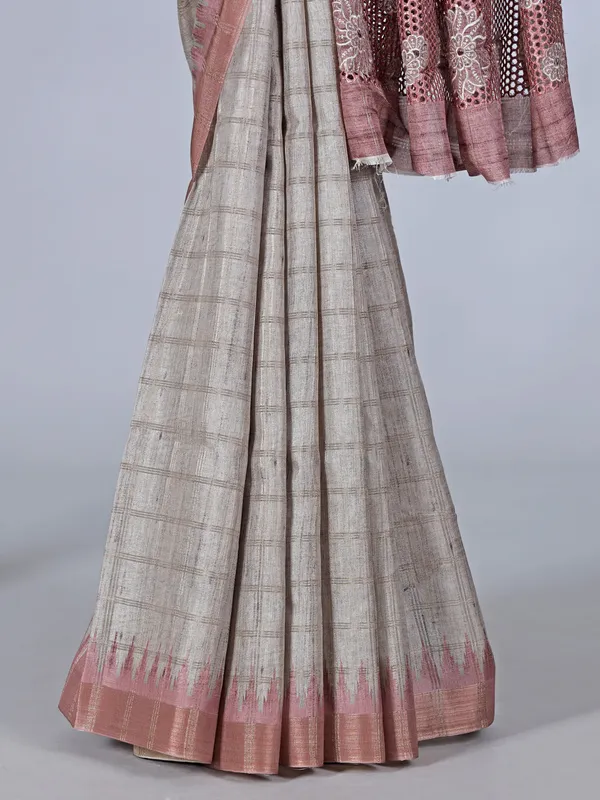 Onion pink grey semi silk saree with cutwork elegance
