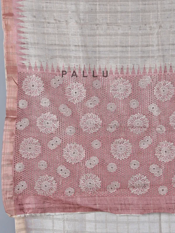 Onion pink grey semi silk saree with cutwork elegance