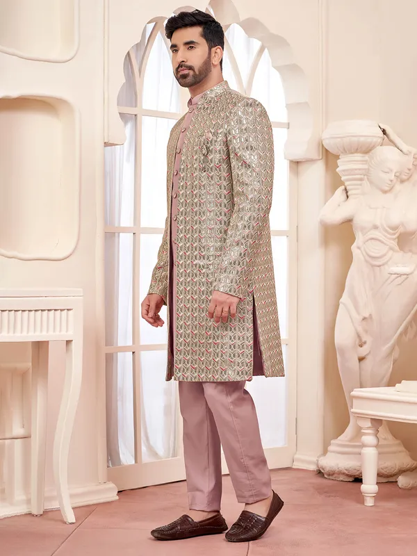 Onion pink indowestern for stylish wedding look