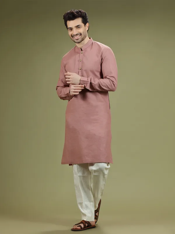 Onion pink linen  Men Kurta pajama