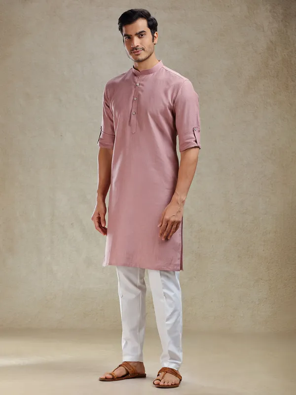 Onion pink linen kurta suit for festive