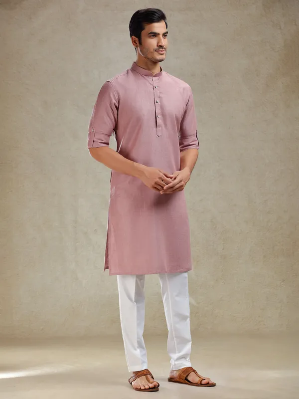 Onion pink linen kurta suit for festive