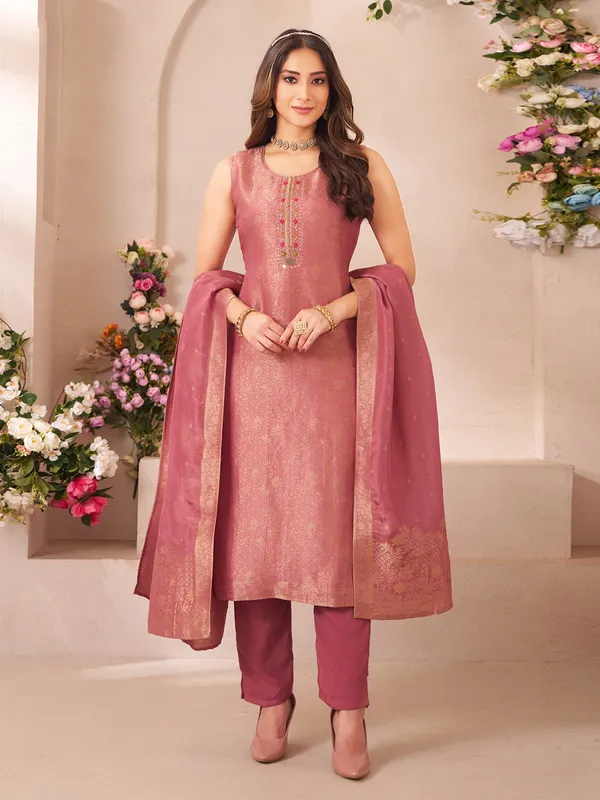 Onion pink mirror work salwar suit