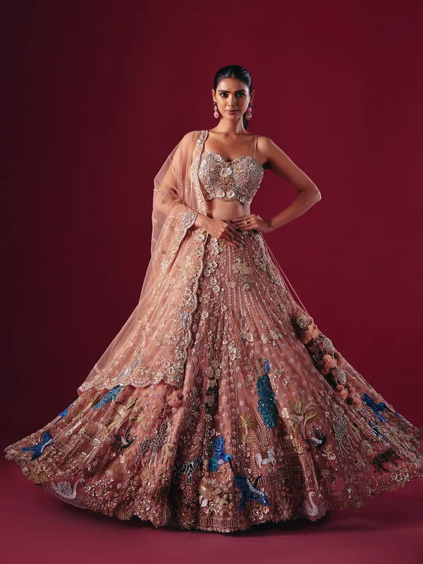 Onion pink net lehenga choli with diamond and beaded shine