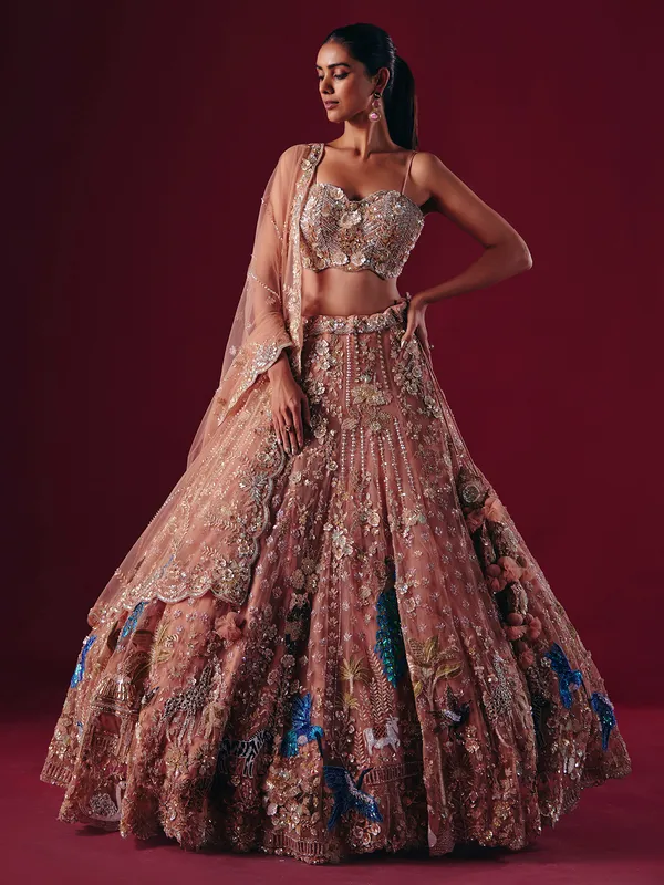 Onion pink net lehenga choli with diamond and beaded shine