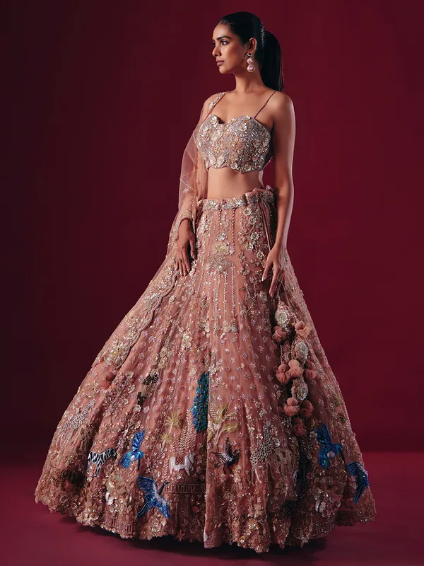 Onion pink net lehenga choli with diamond and beaded shine