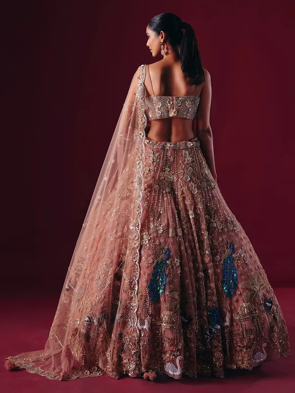 Onion pink net lehenga choli with diamond and beaded shine