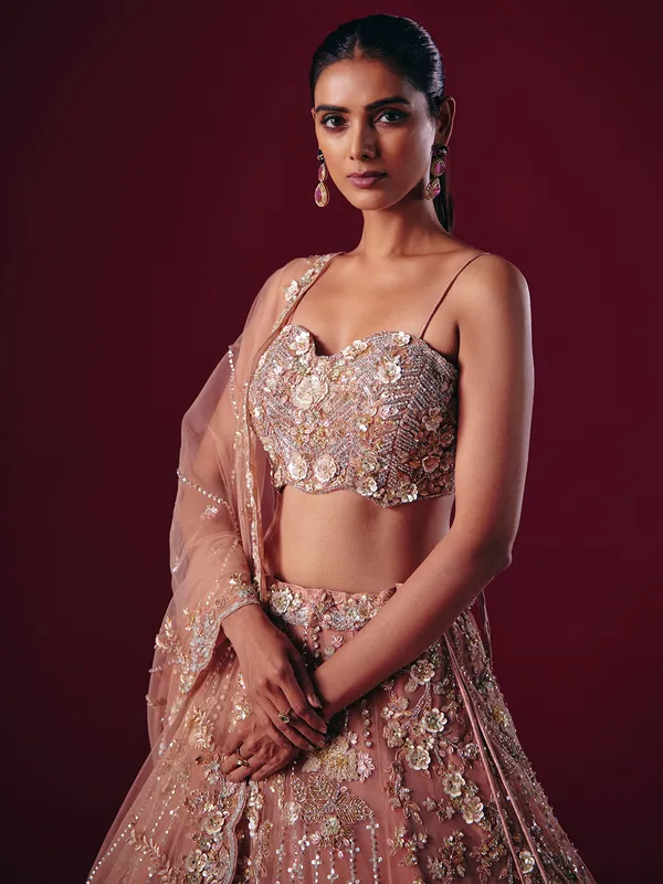 Onion pink net lehenga choli with diamond and beaded shine