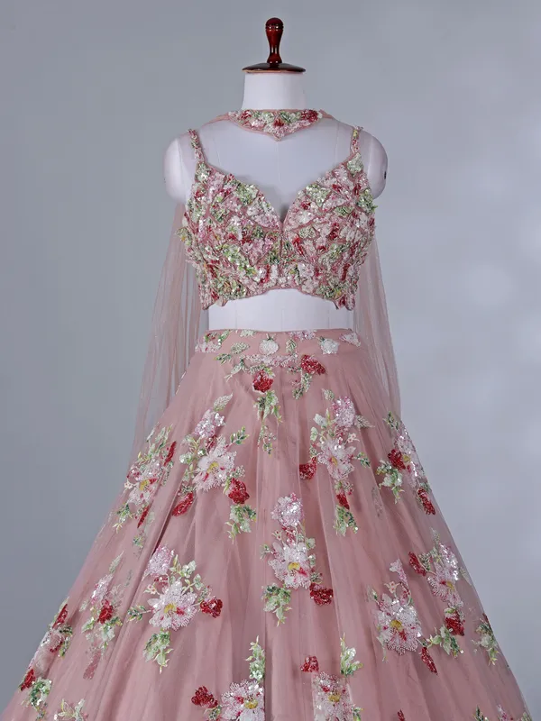 Onion pink net lehenga for wedding wear