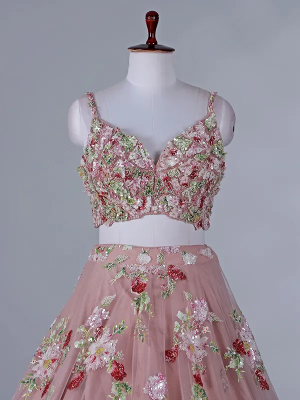 Onion pink net lehenga for wedding wear