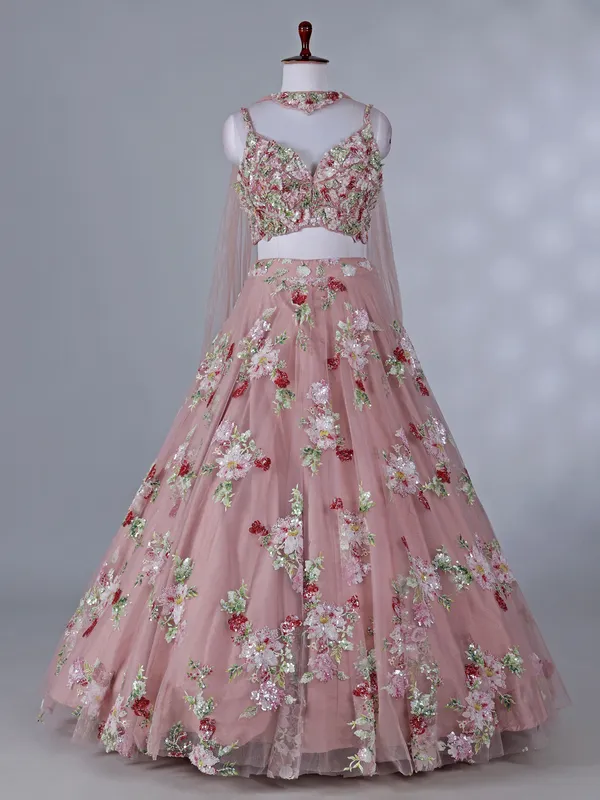 Onion pink net lehenga for wedding wear