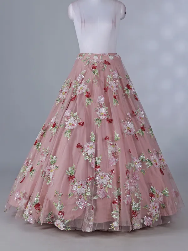 Onion pink net lehenga for wedding wear