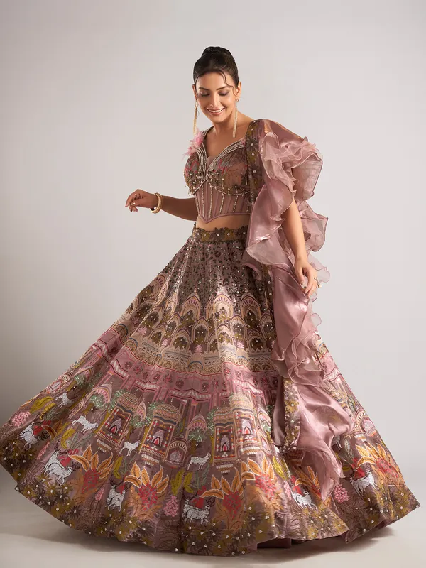 Onion pink organza lehenga choli with ruffle dupatta