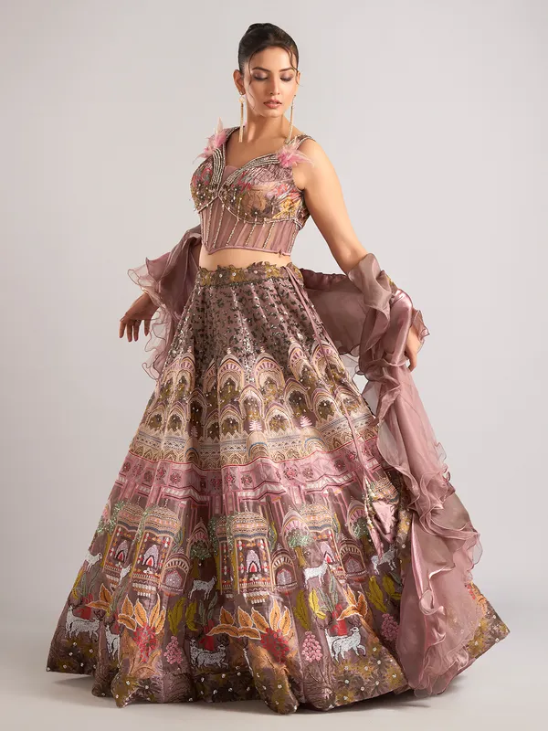 Onion pink organza lehenga choli with ruffle dupatta