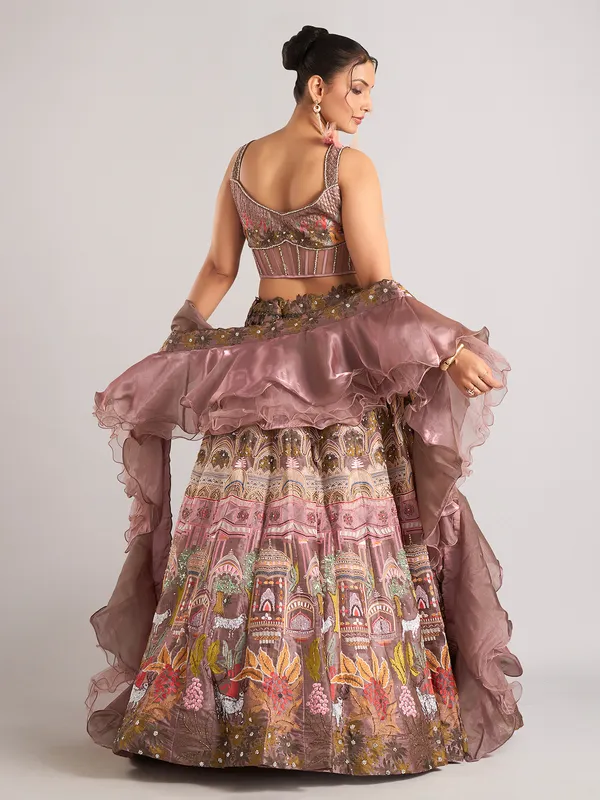 Onion pink organza lehenga choli with ruffle dupatta