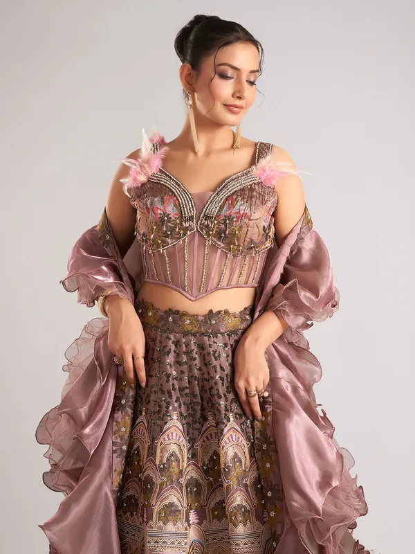 Onion pink organza lehenga choli with ruffle dupatta