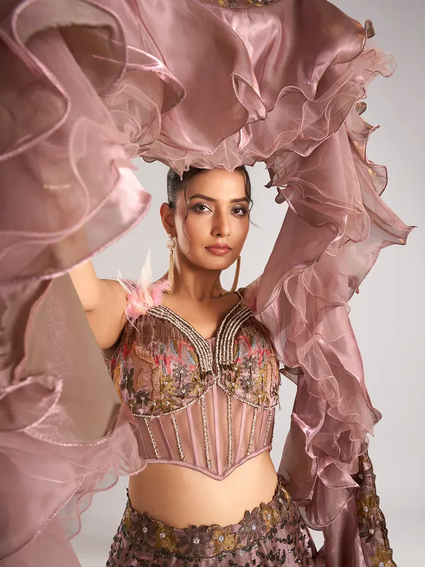 Onion pink organza lehenga choli with ruffle dupatta