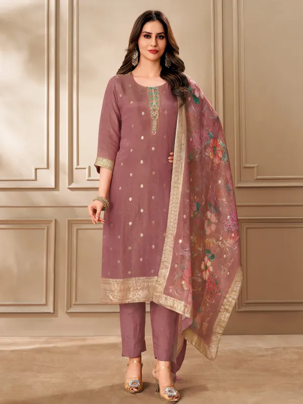 Onion pink organza salwar suit with zari work