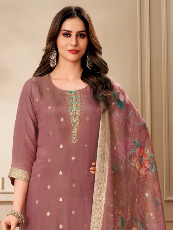 Onion pink organza salwar suit with zari work