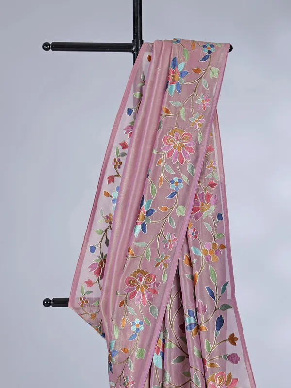 Onion pink organza saree with elegant embroidery accents