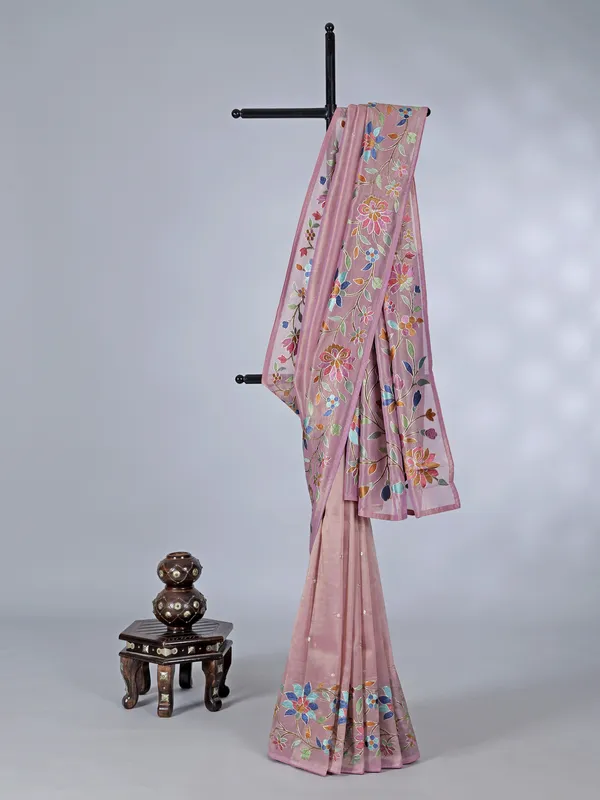 Onion pink organza saree with elegant embroidery accents