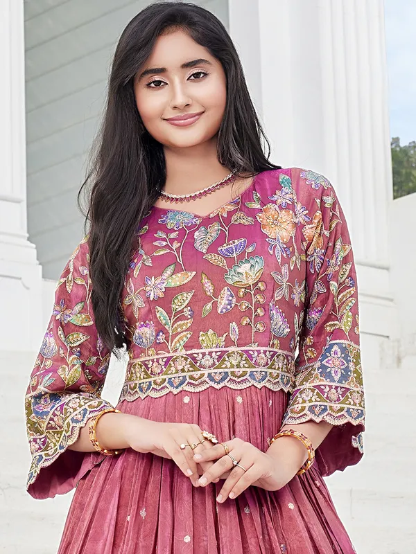 Onion pink printed anarkali suit for girls
