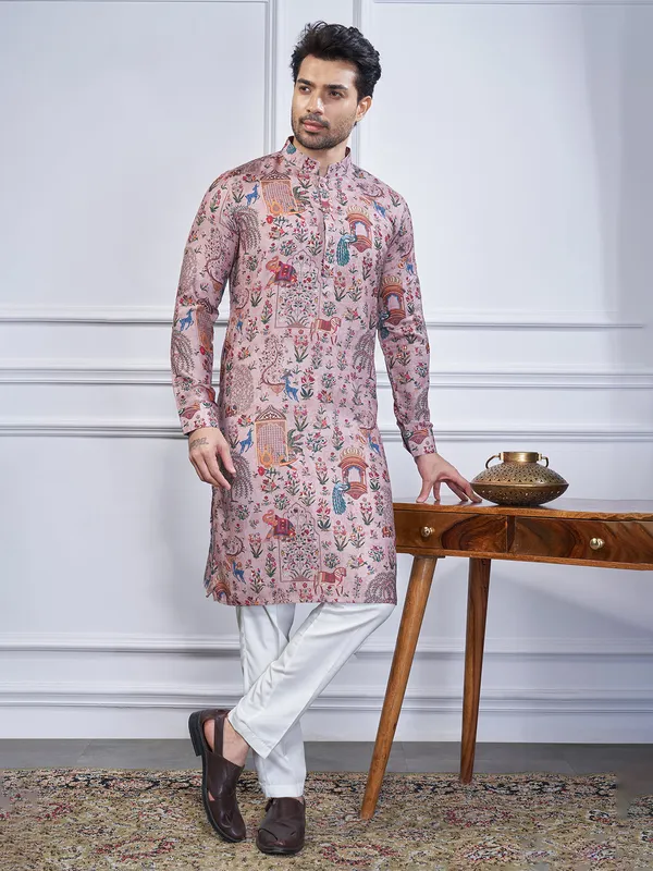 Onion pink printed cotton kurta suit