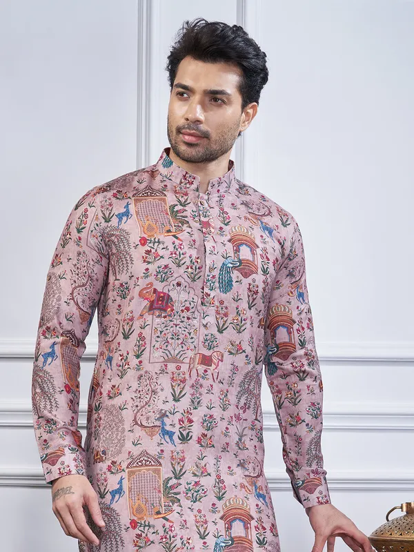 Onion pink printed cotton kurta suit