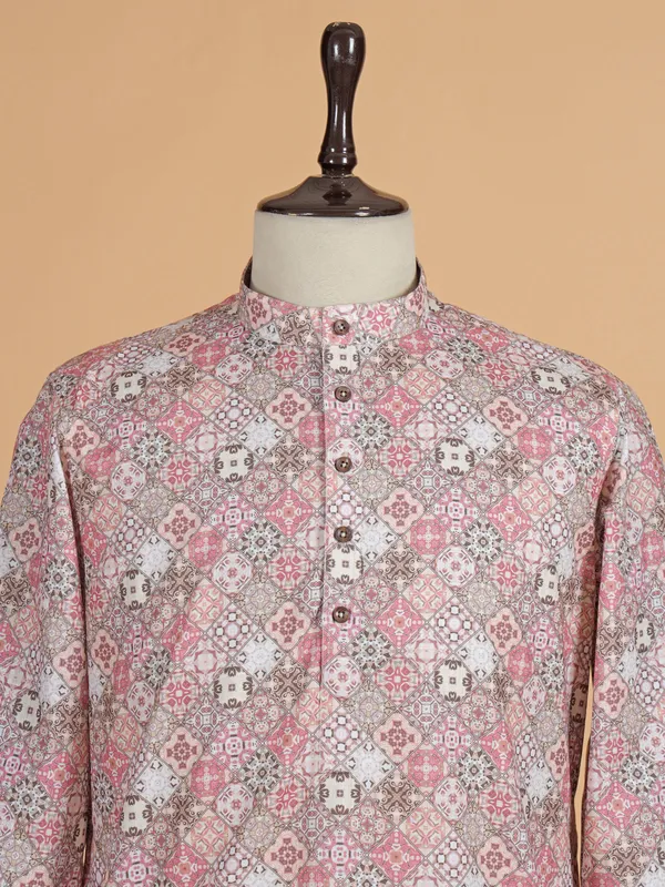 Onion pink printed cotton silk kurta set for men