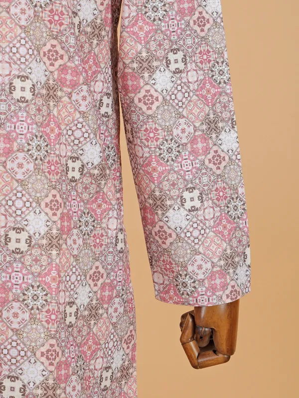 Onion pink printed cotton silk kurta set for men