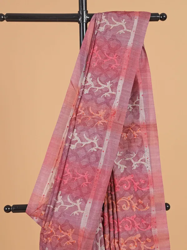 Onion pink printed cotton silk saree