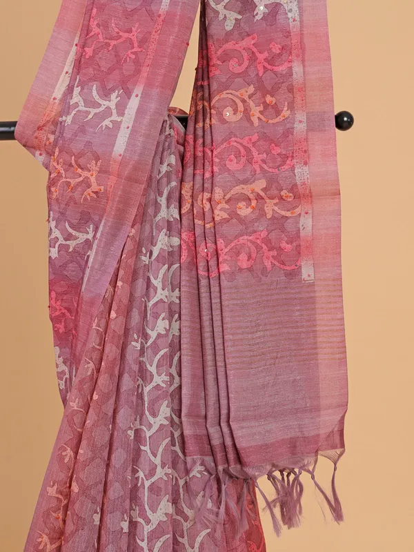Onion pink printed cotton silk saree