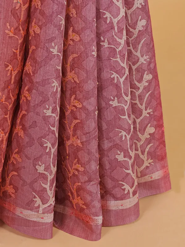 Onion pink printed cotton silk saree