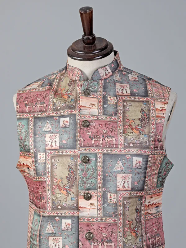 Onion pink printed designer buttons cotton silk waistcoat