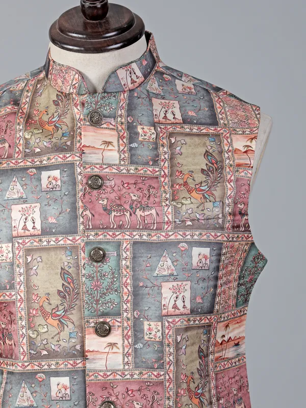 Onion pink printed designer buttons cotton silk waistcoat