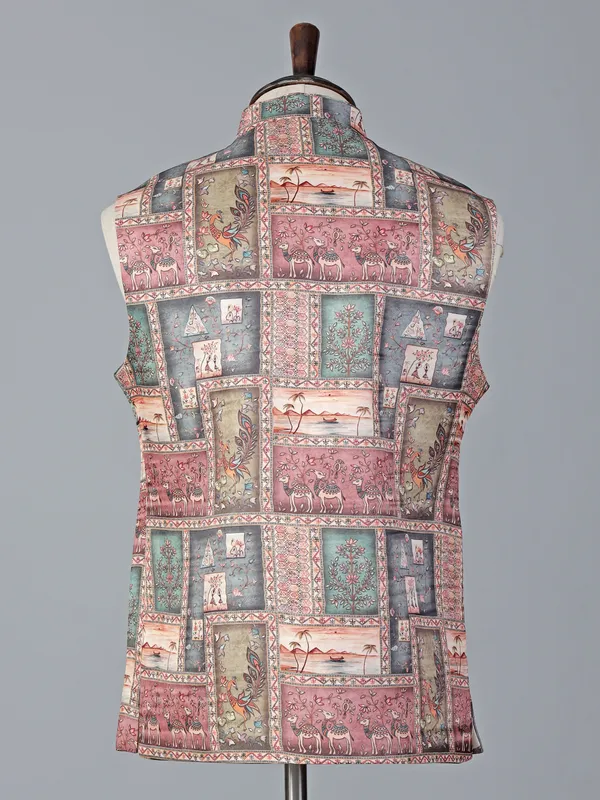 Onion pink printed designer buttons cotton silk waistcoat