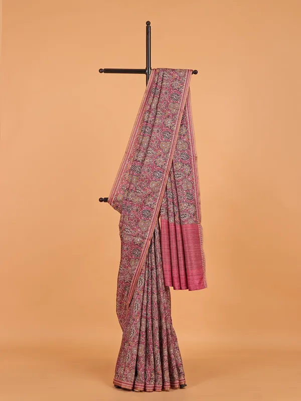 Onion pink printed saree in semi cotton silk